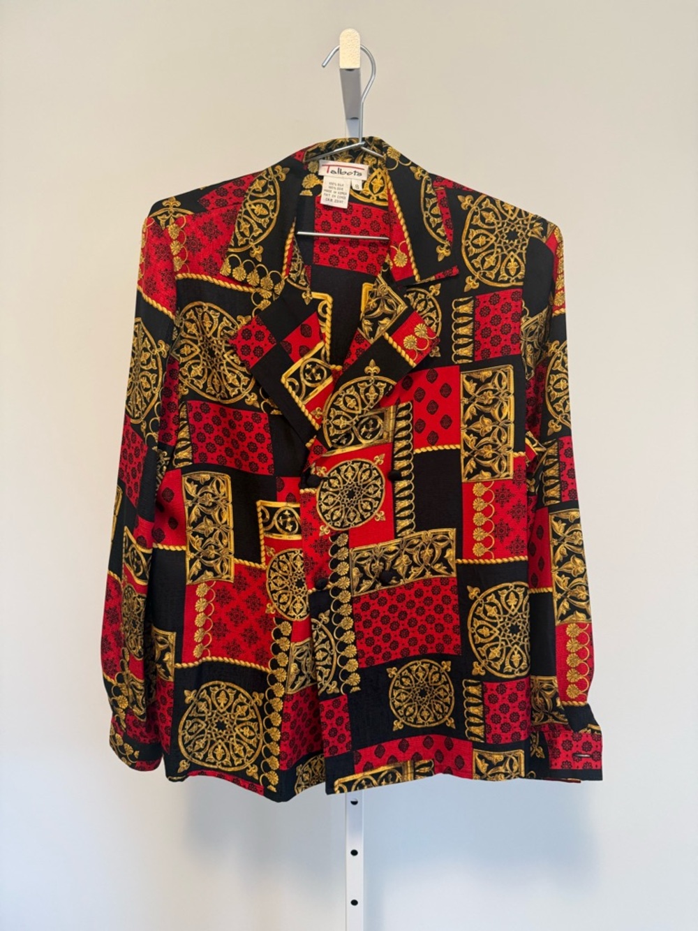 Talbots Black, Red & Gold Baroque Patchwork Silk Blouse